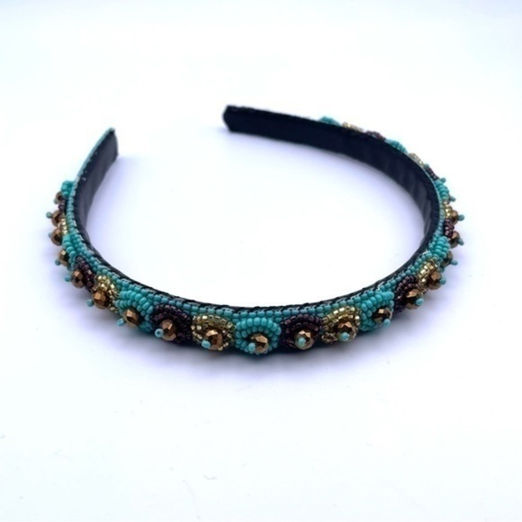 Beaded Headband Turquoise Blue Glass Beads Handmade In Guatemala - Picture 5 of 5